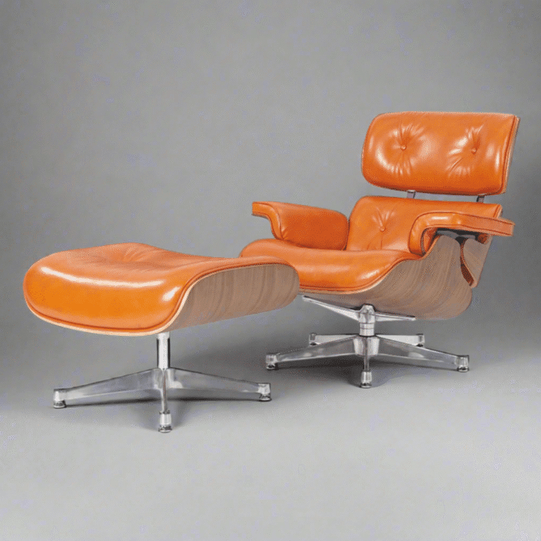 Front view of Eames Mid-Century Modern Chair in Camel Brown Waxed Leather with Chrome Base