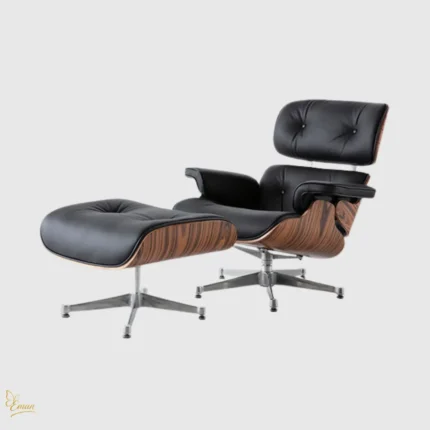Complete Eames Lounge Chair and Ottoman set featuring black leather upholstery and classic chrome star base.