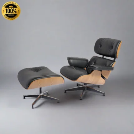 Angled view of the Eames lounge chair replica and ottoman set with black ash wood finish.