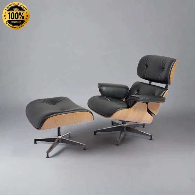 Angled view of the Eames lounge chair replica and ottoman set with black ash wood finish.