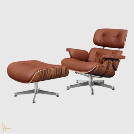 High-quality reproduction Eames lounge chair in tan brown leather with chrome base.