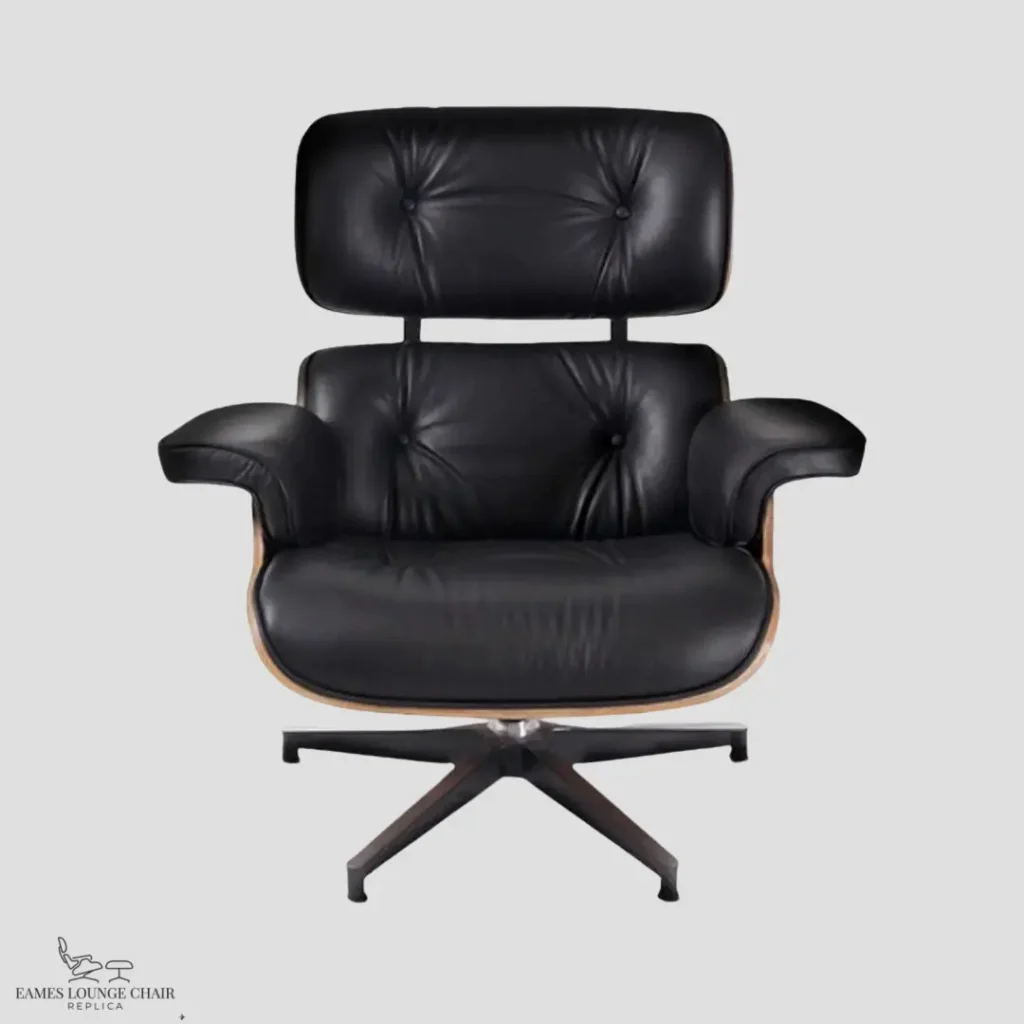 Full set view of a walnut and black leather Eames lounge chair knock off in a studio setting.