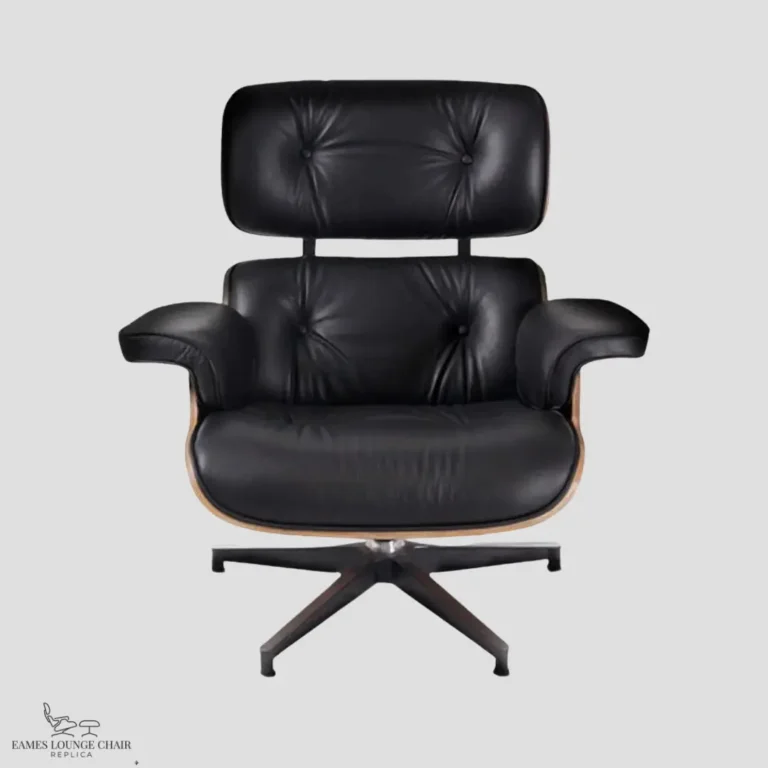 Full set view of a walnut and black leather Eames lounge chair knock off in a studio setting.