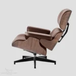 Close-up of the normal aluminum base of the brown walnut wood Eames lounge chair repro.