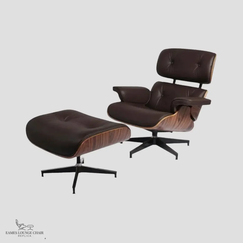 Charles Eames lounge chair replica with brown leather and normal base.