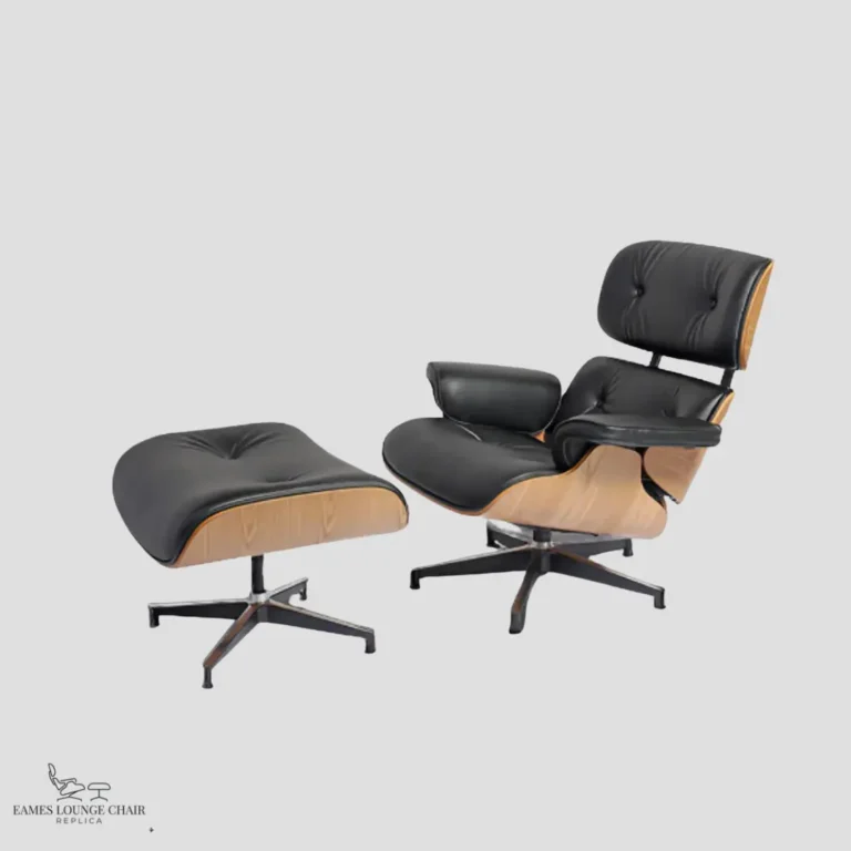 Ergonomic side profile of a Charles Ray Eames inspired lounge chair in premium black leather.