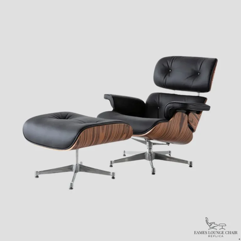 Premium black leather eames chair with rosewood veneer and polished chrome base.