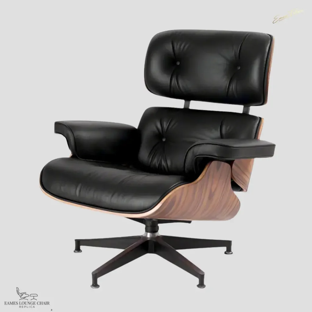 Angled view of a premium Eames chair replica with tufted black leather cushions.