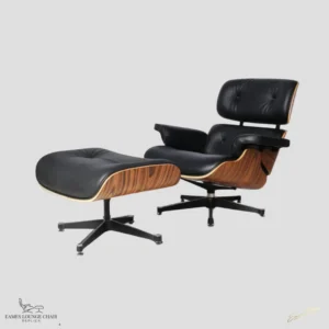 Full set of an Eames lounge chair replica and ottoman in black leather and rosewood.