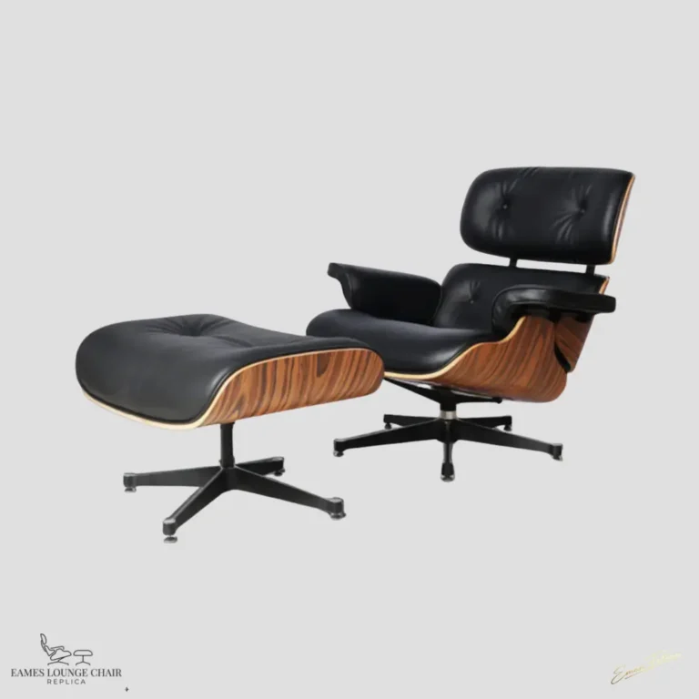 Full set of an Eames lounge chair replica and ottoman in black leather and rosewood.