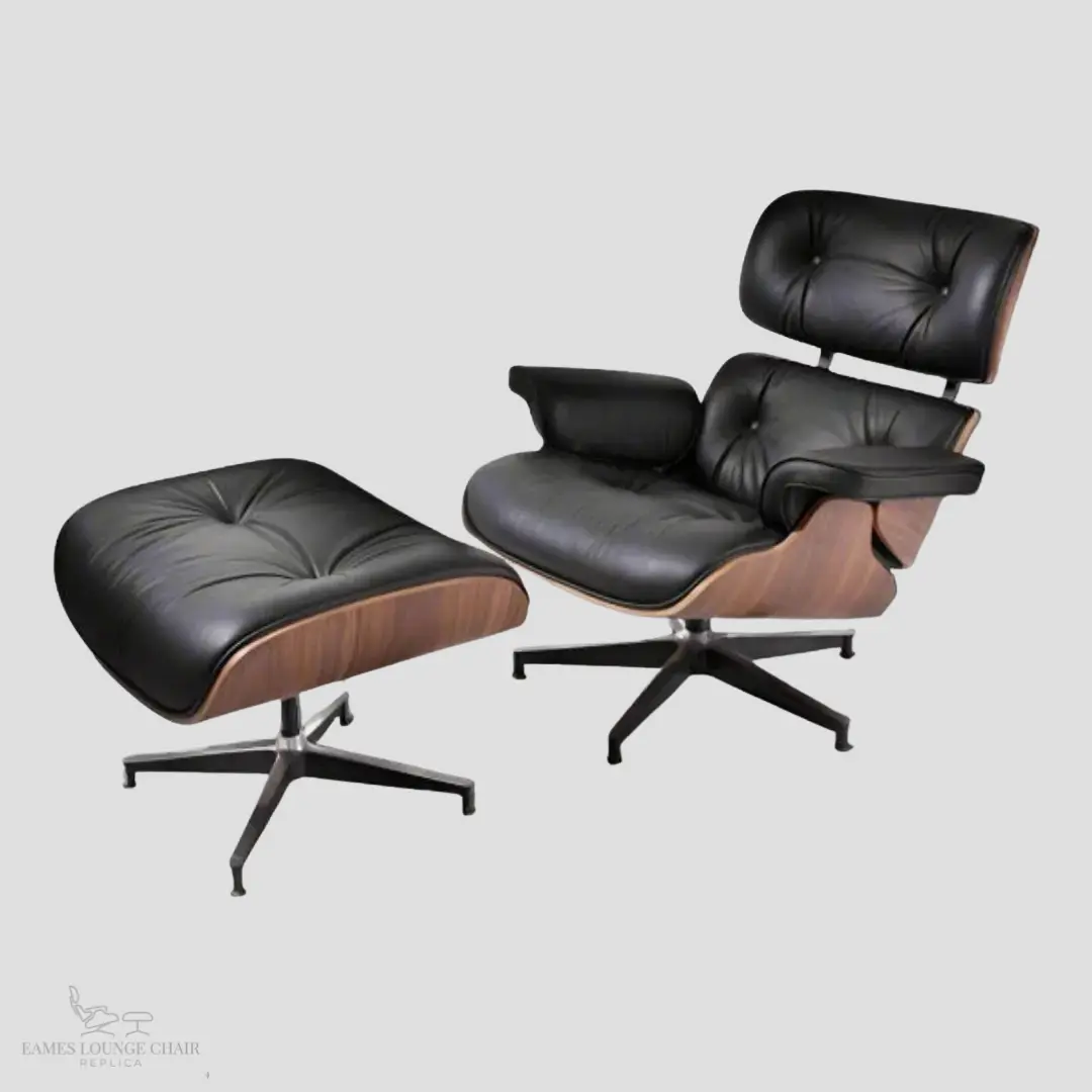 eames-lounge-chair-knock-off-walnut-black-leather Premium Eames lounge chair knock off in black leather and walnut wood by Eman Fatima.