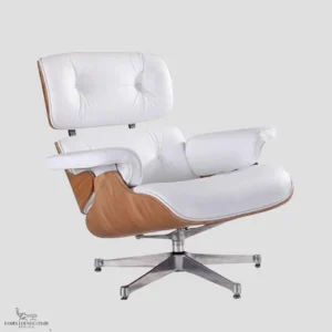 Front-facing view of a white leather Eames style chair highlighting the ergonomic design and button tufting.
