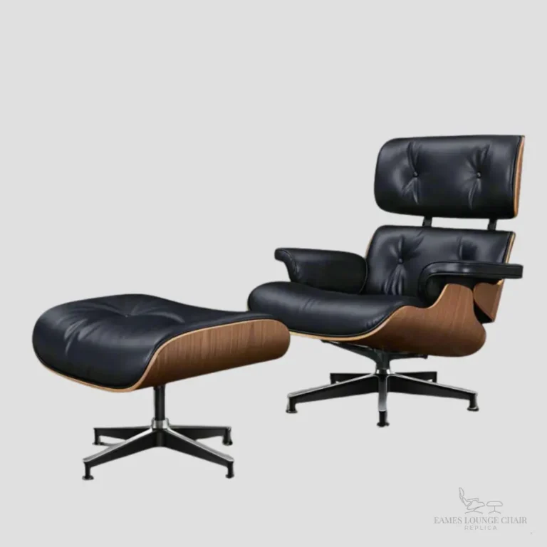 Front view of a premium black leather XL eames lounge chair and ottoman set with walnut wood by Eman Fatima.