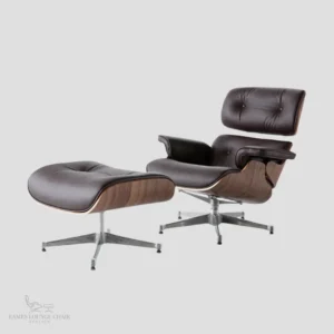 A complete luxury set of brown leather eames recliner and ottoman with walnut wood and chrome base.