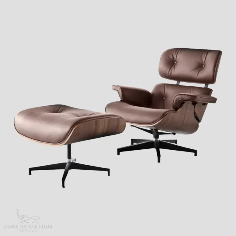 A complete set of brown walnut wood Eames lounge chair repro with brown leather by Eman Fatima.
