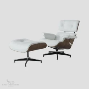 Complete set of white leather eames armchair replica and matching ottoman by Eman Fatima.