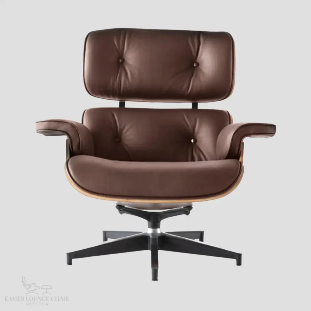 Ergonomic side profile of a brown leather and walnut wood Eames lounge chair repro by Eman Fatima.