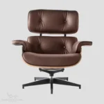 Ergonomic side profile of a brown leather and walnut wood Eames lounge chair repro by Eman Fatima.