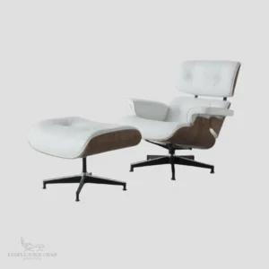 Complete set of white leather eames armchair replica and matching ottoman by Eman Fatima.