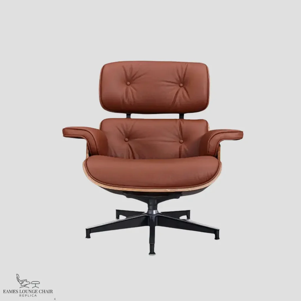 Front view of a premium tan brown lounge chair charles eames with rosewood shell.