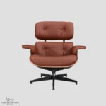 Front view of a premium tan brown lounge chair charles eames with rosewood shell.