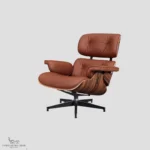 Straight front view of tan brown leather upholstery on a lounge chair charles eames.