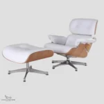 Angled front view of a mid-century Eames style lounge chair with a premium ash wood shell.