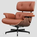 Side profile of the Eames lounge chair reproduction set in tan brown leather and walnut wood.