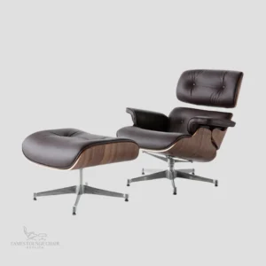 Front angle of a premium brown leather eames recliner set with walnut wood shell by Eman Fatima.
