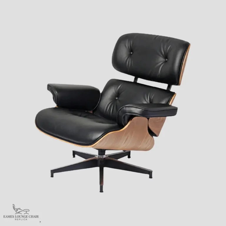 Full furniture set of a Charles Ray Eames style lounge chair and ottoman against a professional grey background.