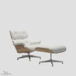 A luxury white leather Eames style lounge chair with ash wood finish in a minimalist studio setting.