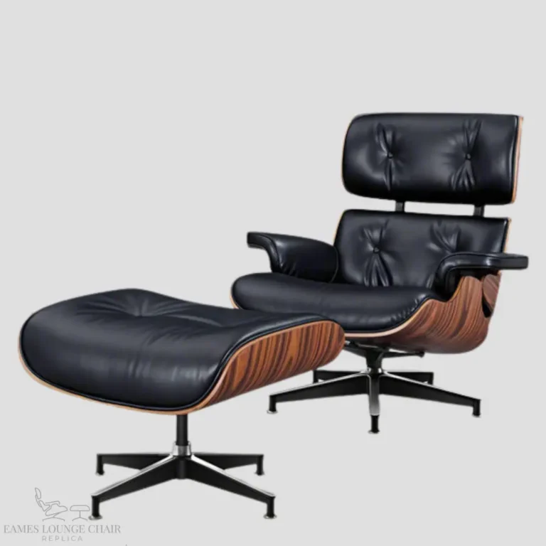 Front view of the premium rosewood and black leather eames style lounge chair XL by Eman Fatima.