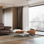 Side angled view of a tall back imitation eames chair showing the extended XL walnut veneer frame.