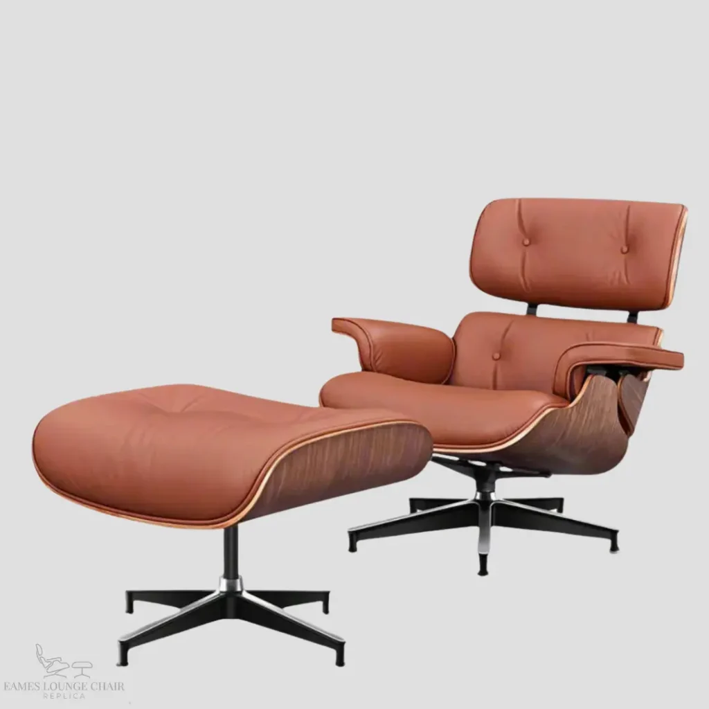 Front view of a premium tan brown leather Eames lounge chair reproduction by Eman Fatima.