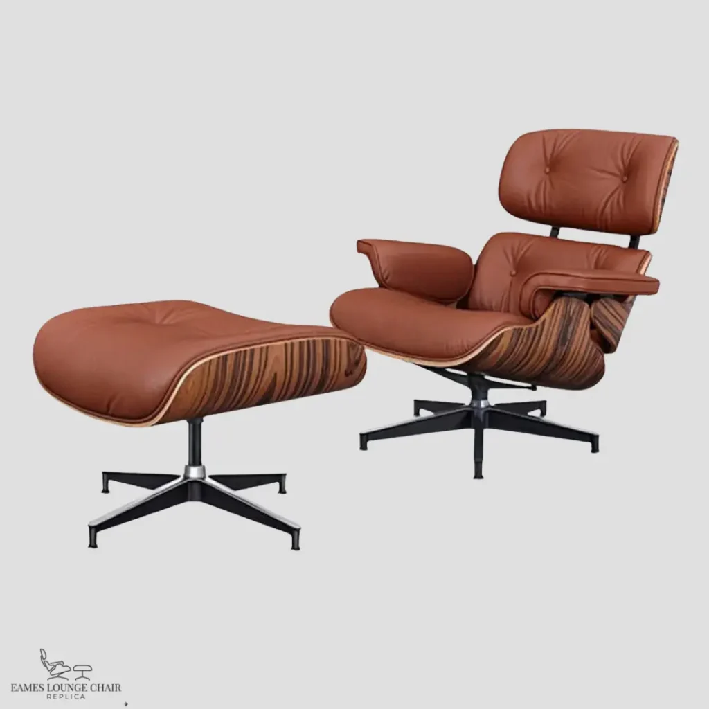 Full set of tan brown leather lounge chair charles eames with matching ottoman.
