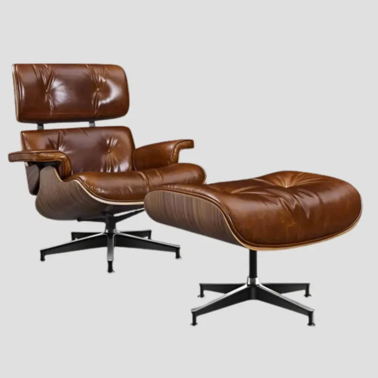 Rear perspective of the tall 7-layer walnut wood shell on the XL eames lounge chair replica. Midcentury Eames Lounge Chair