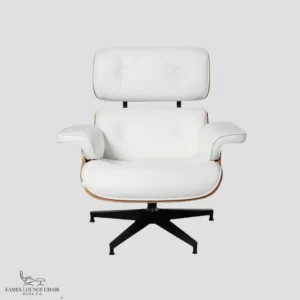 Front view of a white leather eames lounge chair and ottoman with rosewood shell.