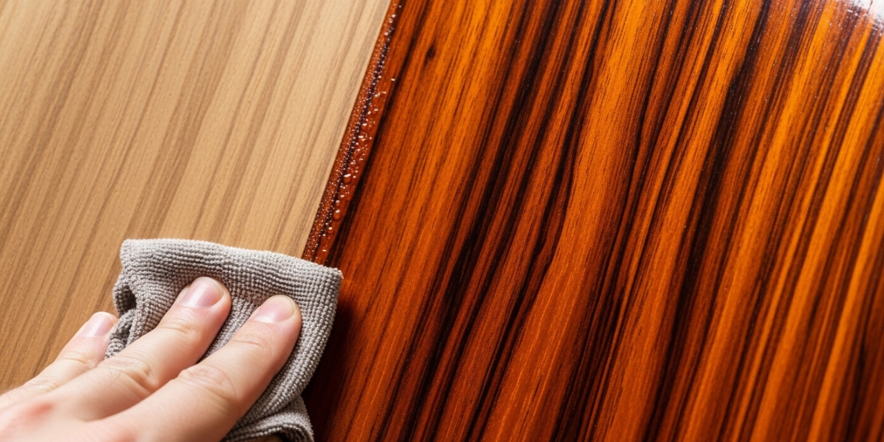 Close-up of polishing the rosewood veneer shell of an Eames lounge chair to prevent cracking. vintage eames lounge chair