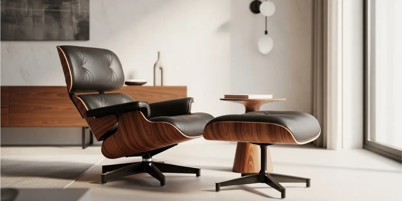 Eames lounge chair and ottoman in rosewood with black leather in modern living room