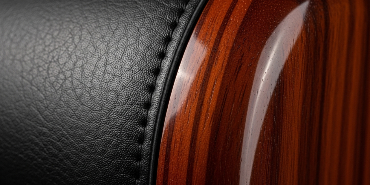 Close-up of premium aniline leather and 8-ply wood grain on a high-quality Eames lounge chair replica.