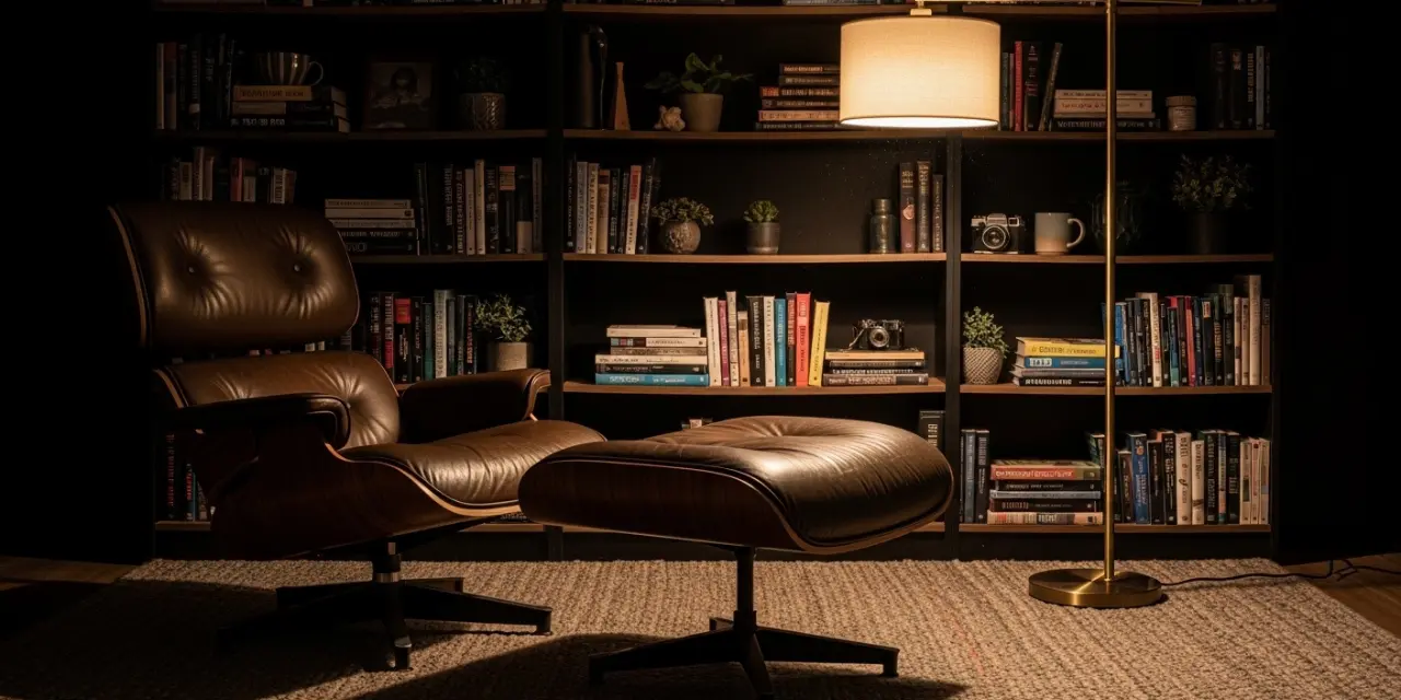A modern eames lounge chair living room setup featuring a rosewood shell and black leather in a minimalist apartment.