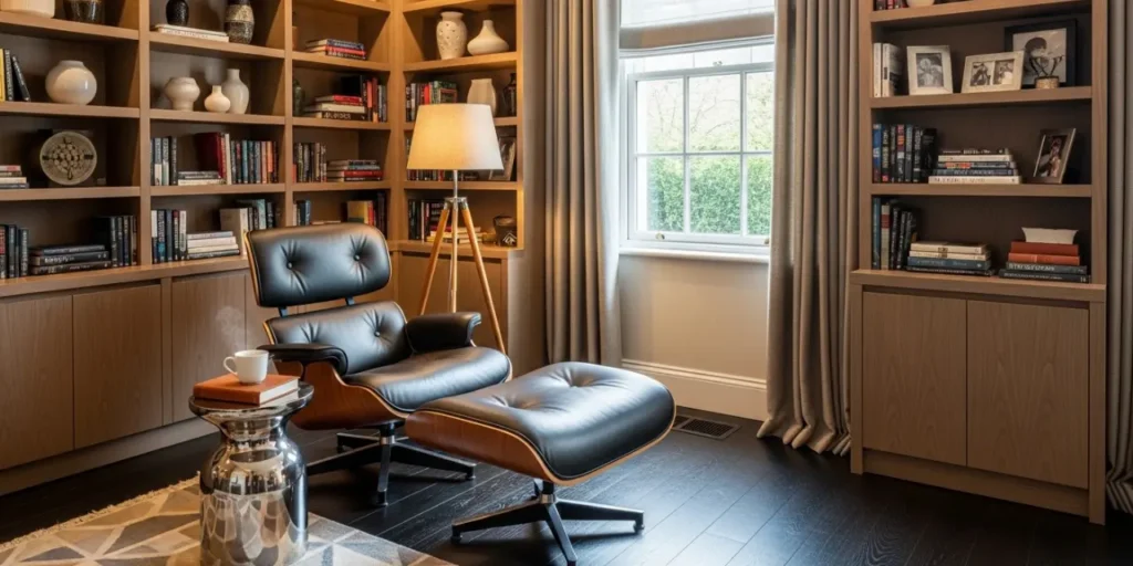 A premium Eames lounge chair reproduction styled in a modern UK living room.