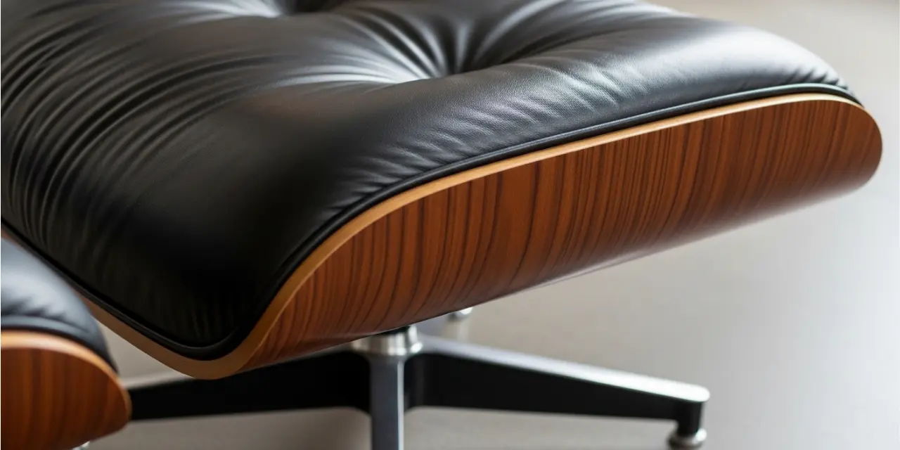 Close-up of a matching eames chair with footstool in Rosewood finish and aniline leather.