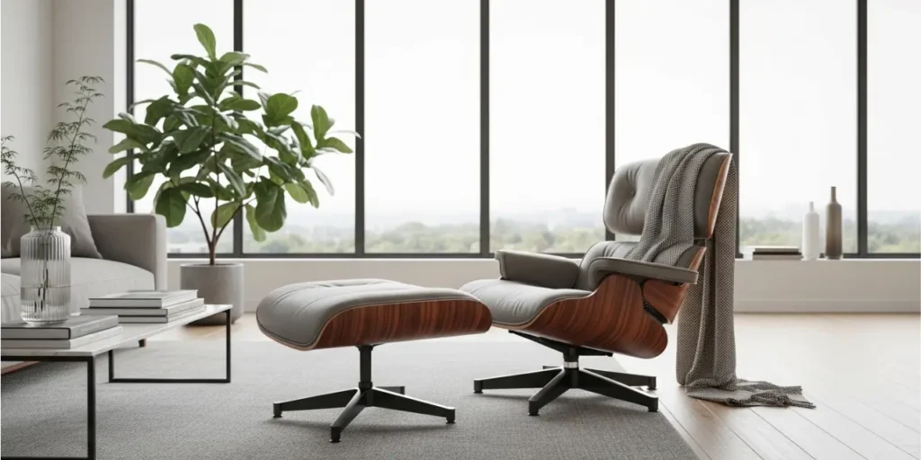 Modern living room interior design featuring a premium Rosewood Eames lounge chair and ottoman.