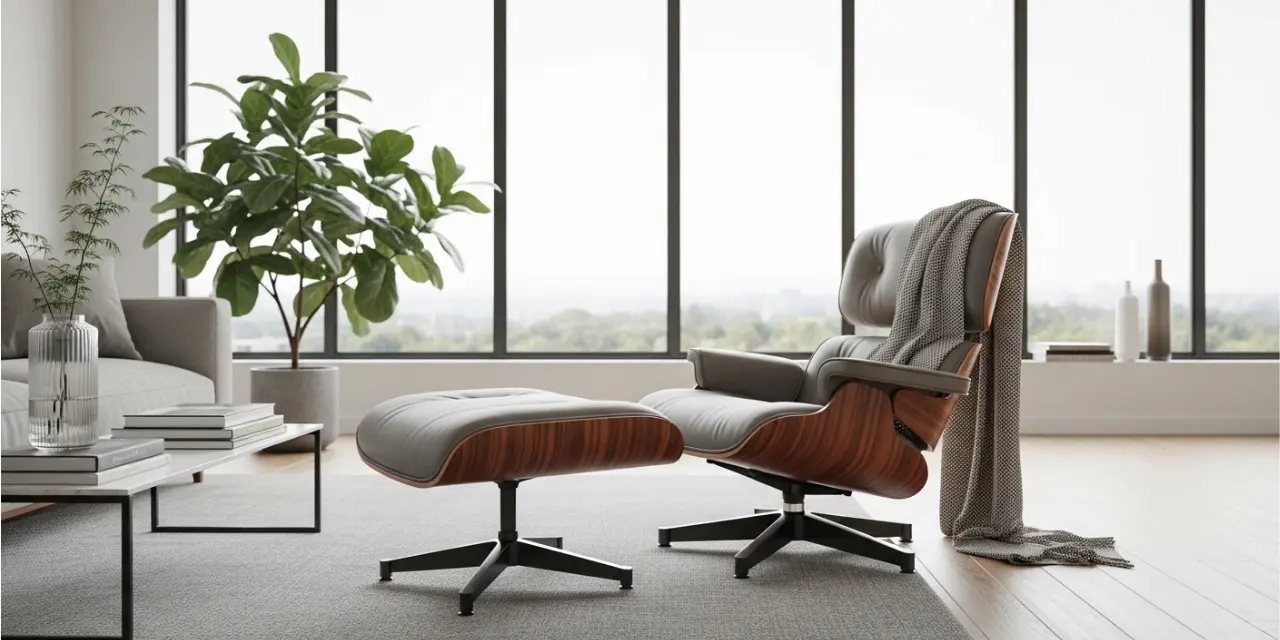 Modern living room interior design featuring a premium Rosewood Eames lounge chair and ottoman.