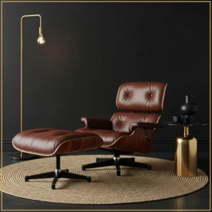 Classic Eames lounge chair and ottoman in rosewood standard finish with black leather cushions in a luxury black interior.