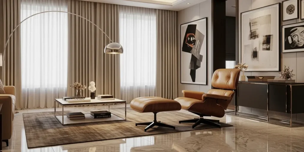 eames lounge chair replica XL walnut vintage tan leather modern interior