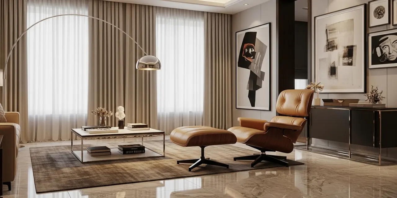 eames lounge chair replica XL walnut vintage tan leather modern interior