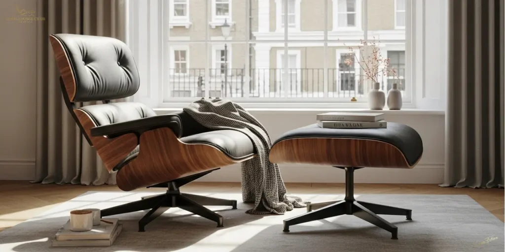 Premium Walnut and Black Leather Eames style lounge chair replica in a modern UK living room.
