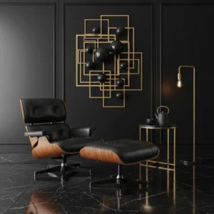 Standard Eames lounge chair replica with dark walnut wood shells and black leather cushions in a luxury black and gold room.